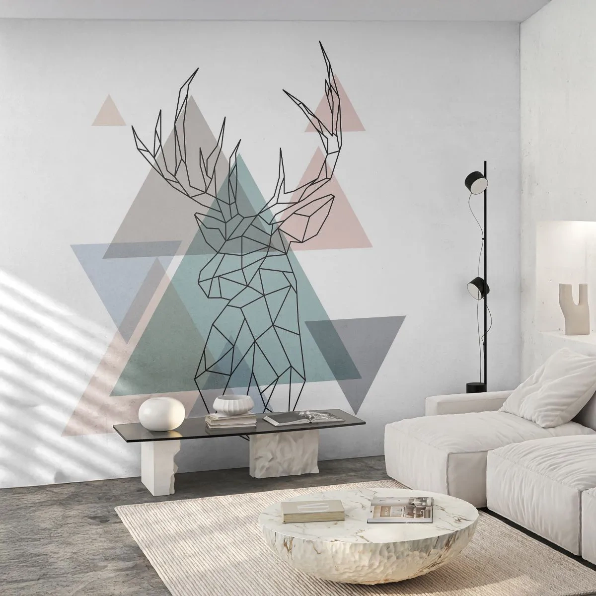 Fototapete Premium Sand - Geometrischer Hirsch mit dreieckigen Elementen - 100x70cm - In einem geometrischen Wald - Moderne Wanddekoration für Wohnzimmer und Schlafzimmer ARTTOR