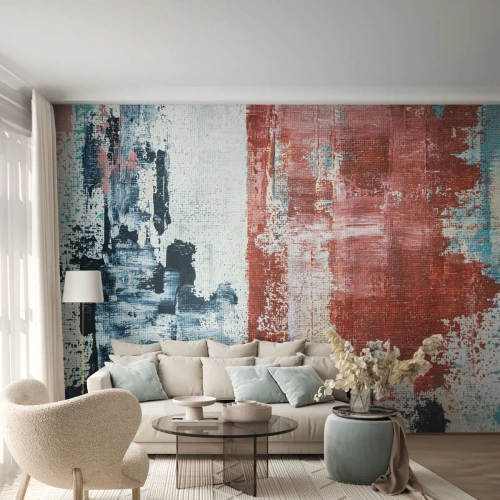 Fototapete Premium Sand - Abstrakte Komposition mit Rot und Blau - 100x70cm - Fünfzig-Fünfzig abstrakt - Moderne Wanddekoration für Wohnzimmer und Schlafzimmer ARTTOR