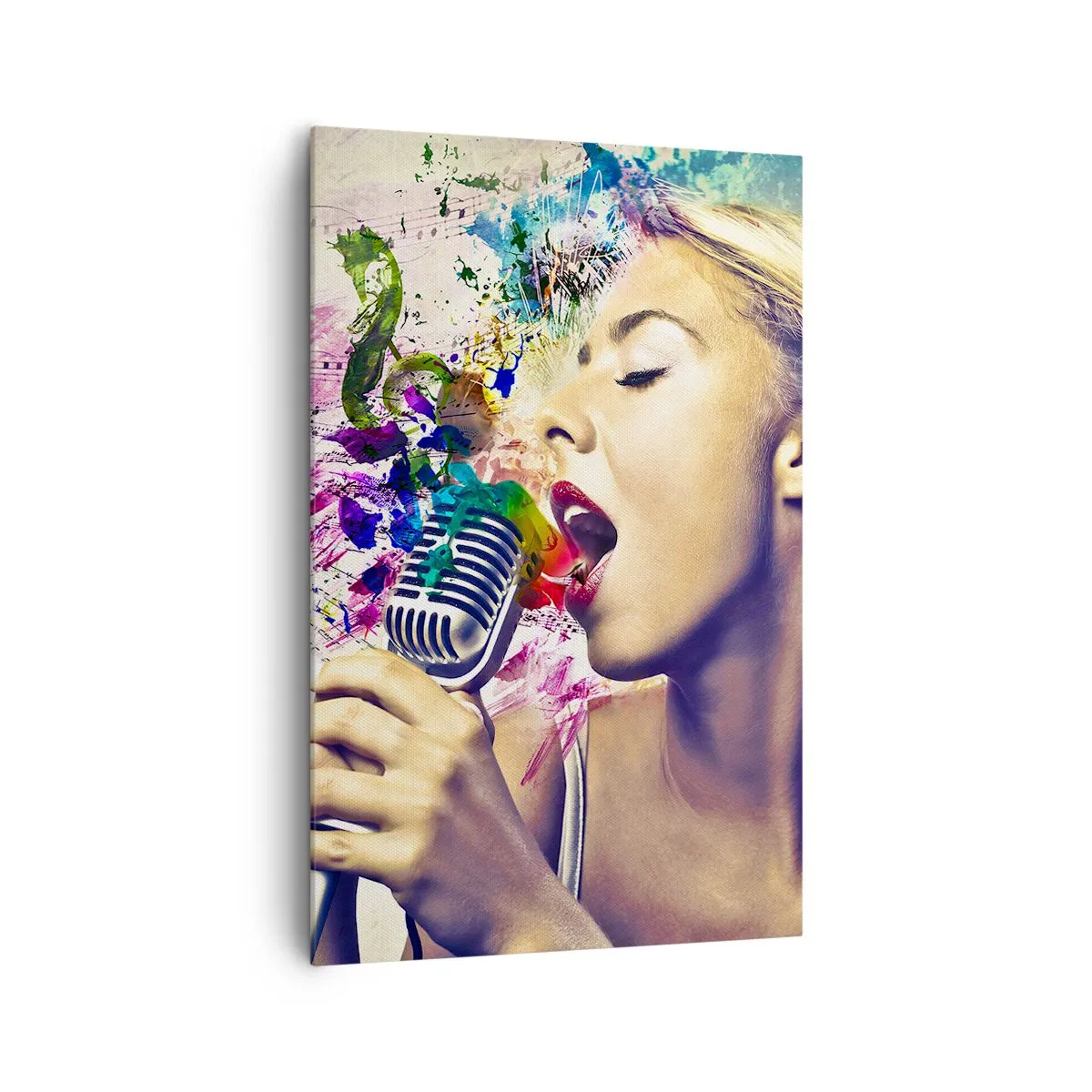 Bild auf Leinwand - Leinwandbild - Künstlerisches Porträt einer singenden Frau mit farbenfrohen Effekten - 80x120cm - Malen Sie die Welt mit Ihrer Stimme - Moderne Wanddekoration für Wohnzimmer und Schlafzimmer ARTTOR