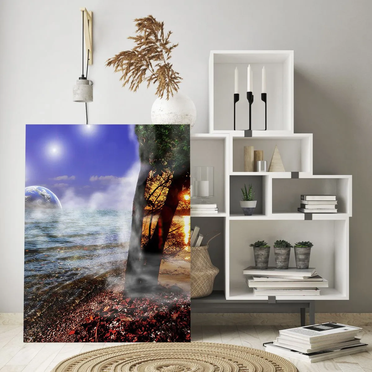 Glasbild - Bild auf glas - Fantastische Landschaft mit Meer, Bäumen und Sonnenuntergang. - 70x100cm - Surreale Landschaft - Einheit der Natur - Moderne Wanddekoration für Wohnzimmer und Schlafzimmer ARTTOR