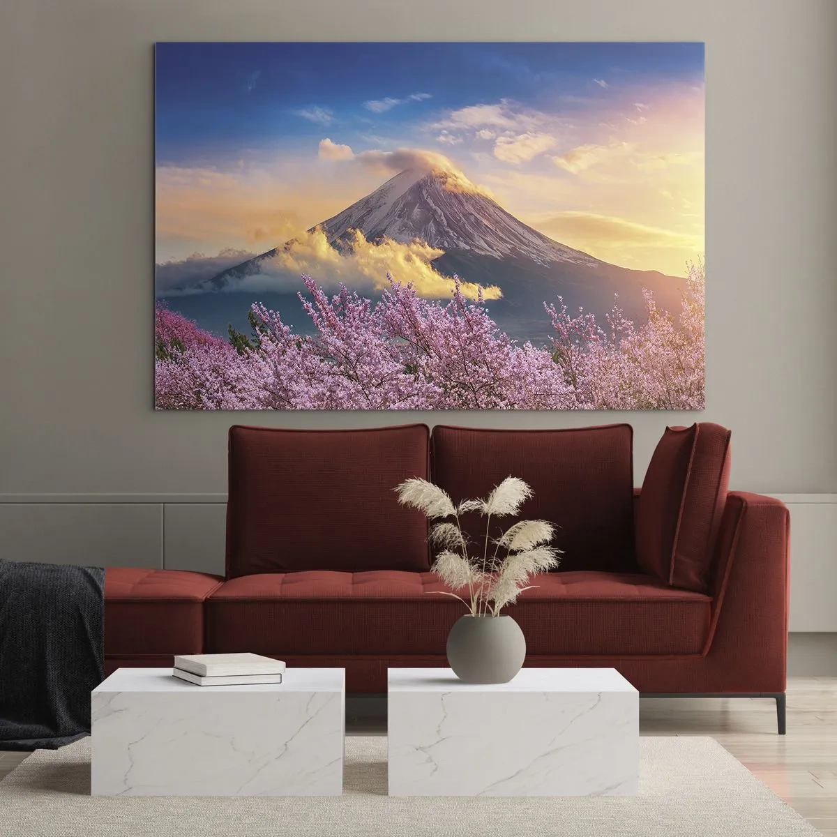Glasbild - Bild auf glas - Der Berg Fuji im Hintergrund mit blühenden Sakura-Bäumen im Vordergrund - 70x50cm - Japanische Heiligkeit - Moderne Wanddekoration für Wohnzimmer und Schlafzimmer ARTTOR