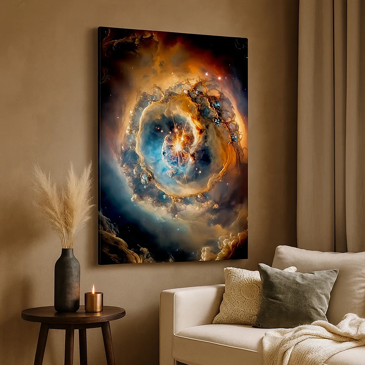 Bild auf Leinwand - Leinwandbild - Eine abstrakte Vision einer kosmischen Explosion in Gold- und Blautönen. - 50x70cm - Anfang - Moderne Wanddekoration für Wohnzimmer und Schlafzimmer ARTTOR