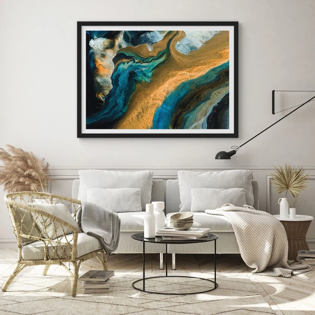Poster in einem schwarzem Rahmen - Abstrakte Wellen in Gold- und Blautönen - 70x50cm - Blau - Gelb - gegenseitige Beeinflussung - Moderne Wanddekoration für Wohnzimmer und Schlafzimmer ARTTOR