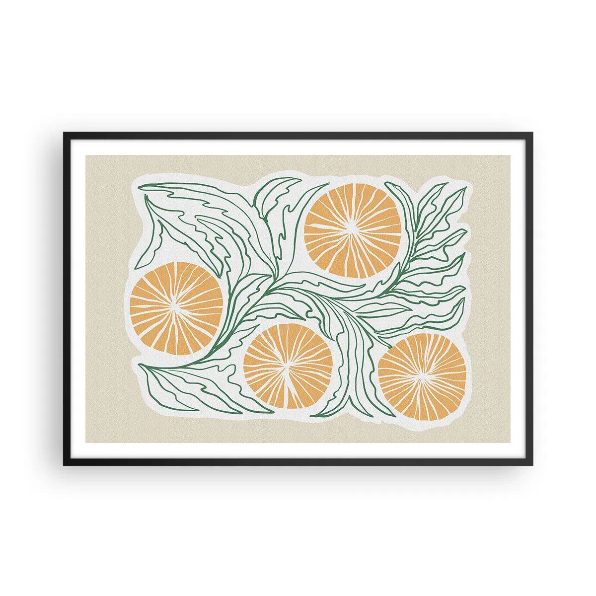 Poster in einem schwarzem Rahmen - Ein minimalistisches orangefarbenes Motiv mit grünen Blättern - 100x70cm - Ethnisch mit einem Hauch von Abstraktion - Moderne Wanddekoration für Wohnzimmer und Schlafzimmer ARTTOR