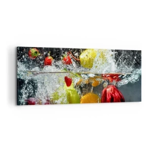 Bild auf Leinwand - Leinwandbild - Bunte Früchte im Wasser bei dynamischer Immersion - 120x50cm - Fruchterfrischung - Moderne Wanddekoration für Wohnzimmer und Schlafzimmer ARTTOR