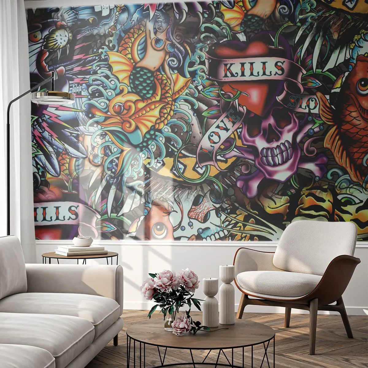 Fototapete Premium Sand - Der Traum des Tätowierers - Graffiti, Wandgemälde, Stück - 350x256 cm