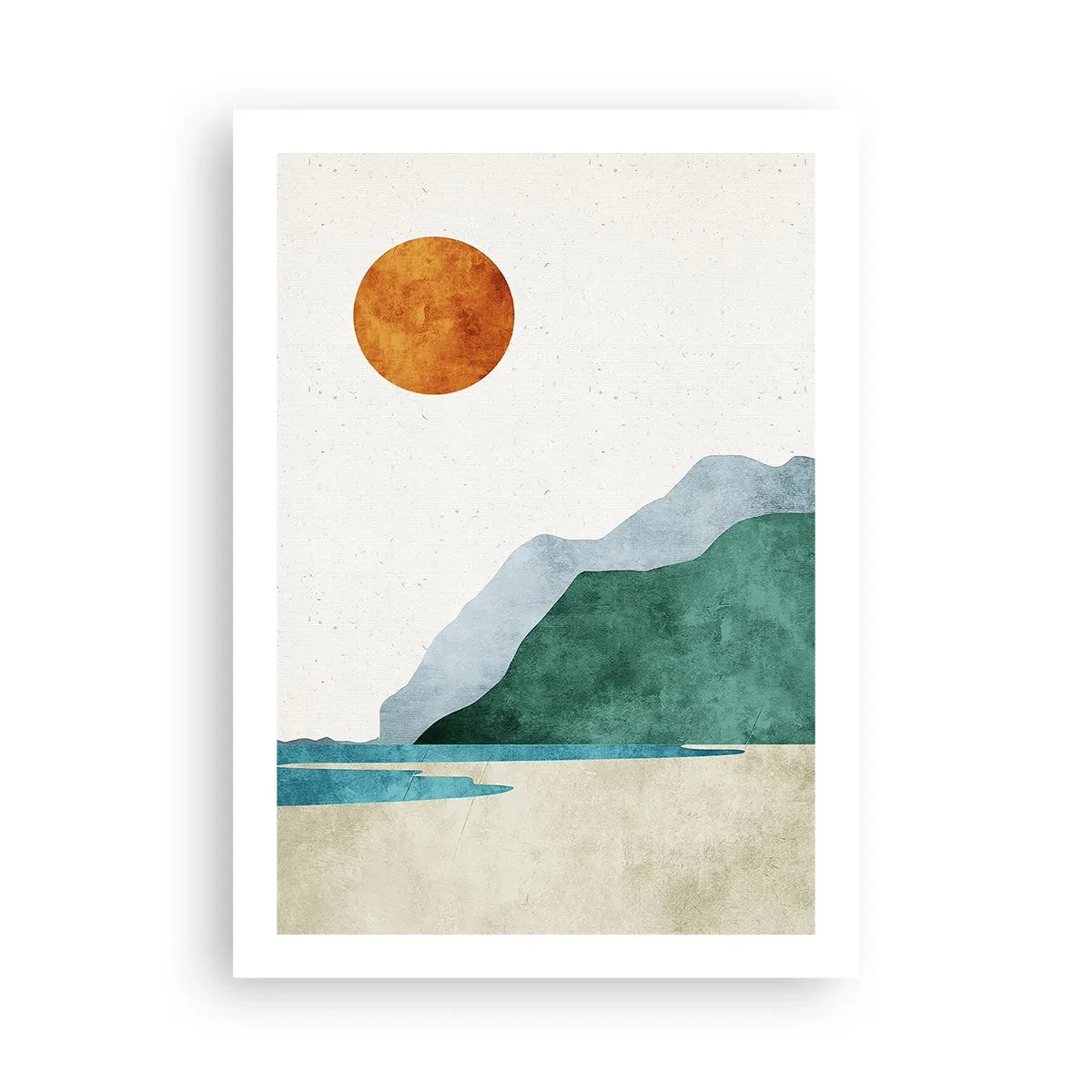 Poster - Minimalistische Berglandschaft mit Strand und Sonne - 50x70cm - Landschaft, wie sie sein sollte - Moderne Wanddekoration für Wohnzimmer und Schlafzimmer ARTTOR