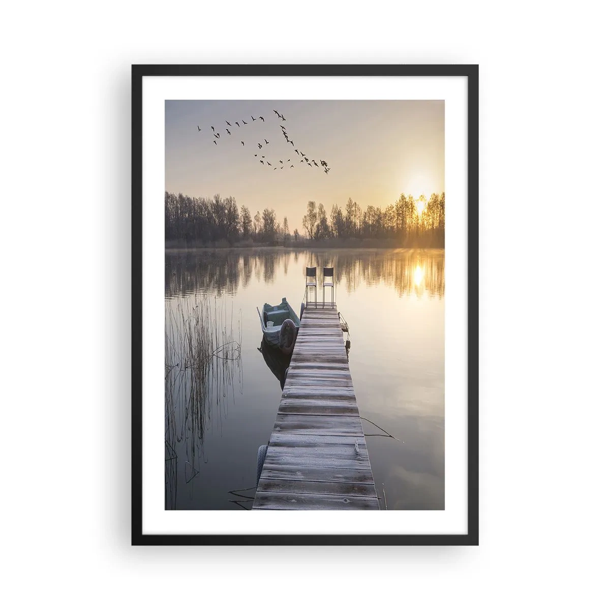 Poster in einem schwarzem Rahmen - Lakeside Pier bei Sonnenaufgang - 50x70cm - Ich komme nach einiger Zeit zurück - Moderne Wanddekoration für Wohnzimmer und Schlafzimmer ARTTOR