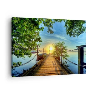 Bild auf Leinwand - Leinwandbild - Ein Pier über dem See in den Strahlen des Sonnenuntergangs - 70x50cm - Westen auf dem Wasser - Moderne Wanddekoration für Wohnzimmer und Schlafzimmer ARTTOR