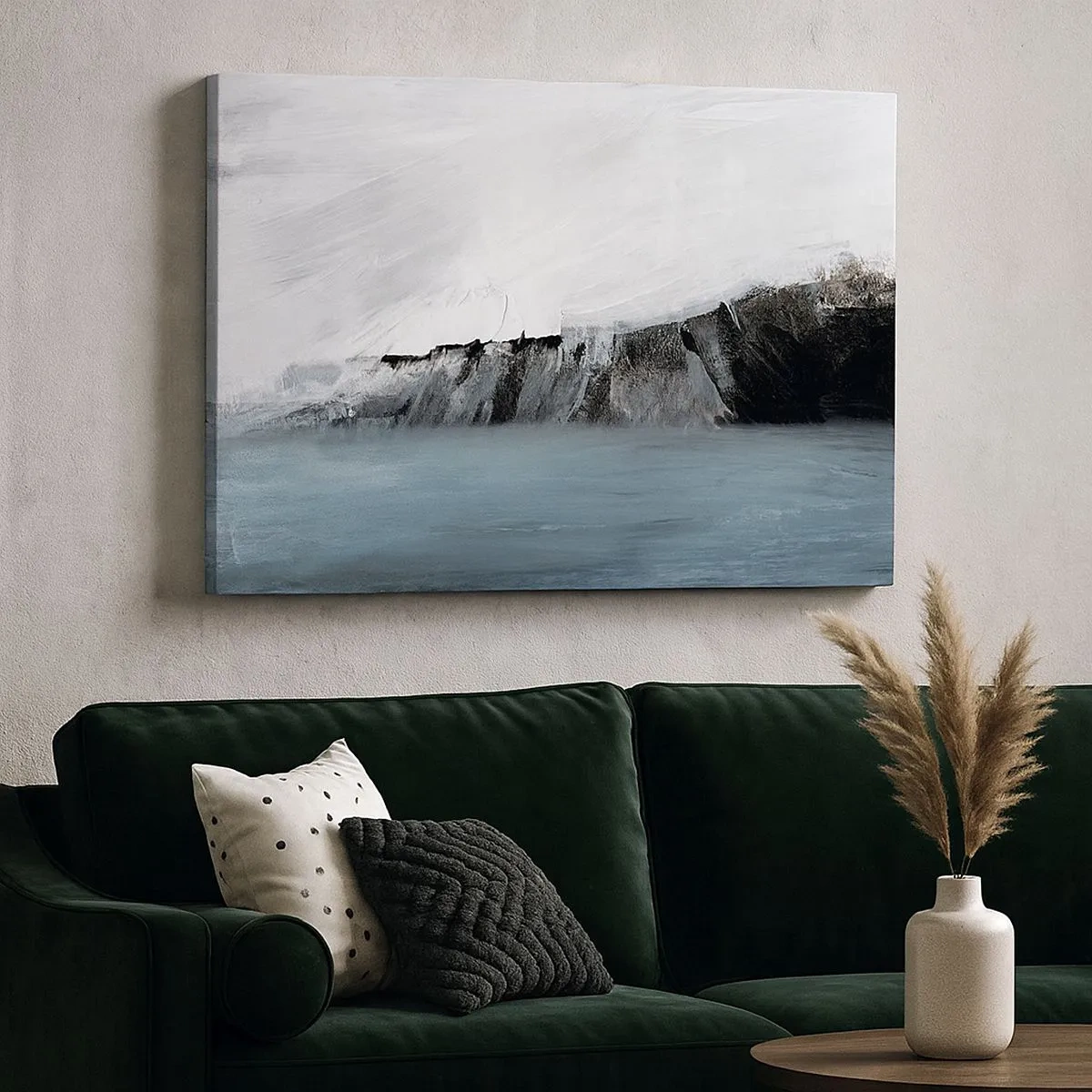 Bild auf Leinwand - Leinwandbild - Abstrakte Landschaft mit Wasser und felsigem Ufer - 70x50cm - Wasser – Erde: Kampf der Naturelemente - Moderne Wanddekoration für Wohnzimmer und Schlafzimmer ARTTOR