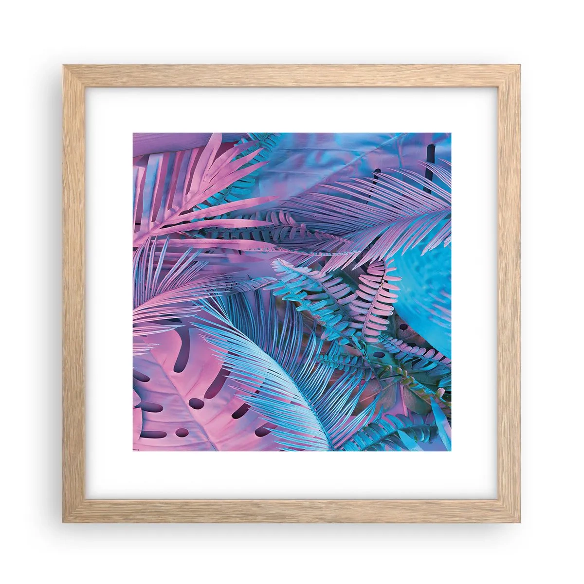 Poster in einem Rahmen aus heller Eiche - Tropen in Rosa und Blau - 30x30 cm