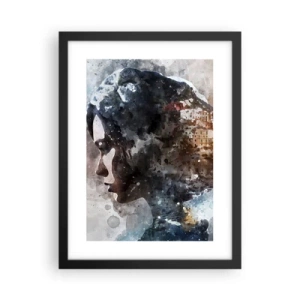 Poster in einem schwarzem Rahmen - Eine Geschichte über ein Mädchen mit einer Stadt im Hintergrund - 30x40 cm