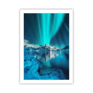 Poster - Aurora Borealis über den schneebedeckten Bergen - 50x70cm - Lichtnacht - Moderne Wanddekoration für Wohnzimmer und Schlafzimmer ARTTOR