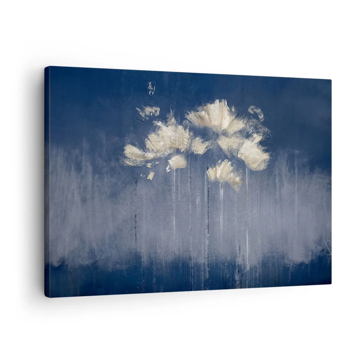 Bild auf Leinwand - Leinwandbild - Zarte Blüten auf blauem Hintergrund - 70x50cm - Wie Blütenblätter im Wind - Moderne Wanddekoration für Wohnzimmer und Schlafzimmer ARTTOR