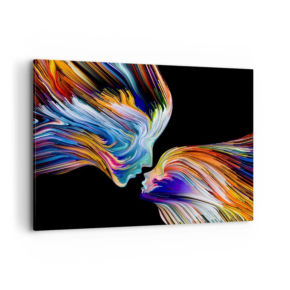 Bild auf Leinwand - Leinwandbild - Bunte Silhouetten von Gesichtern in dynamischen Strömen auf schwarzem Hintergrund - 100x70cm - Eine Verschmelzung von Energie und Licht - Moderne Wanddekoration für Wohnzimmer und Schlafzimmer ARTTOR