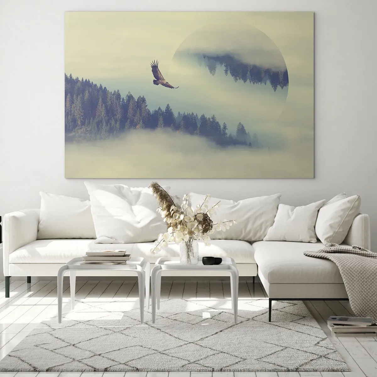 Glasbild - Bild auf glas - Ein Adler im Flug über einem nebelverhangenen Wald mit einer surrealen Spiegelung. - 120x80cm - Ich habe den Schatten eines Adlers gesehen - Moderne Wanddekoration für Wohnzimmer und Schlafzimmer ARTTOR