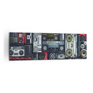 Bild auf Leinwand - Leinwandbild - Eine Collage aus Retro-Tonbandgeräten und Vintage-Lautsprechern. - 160x50cm - Sehnsucht nach den 1980er Jahren - Moderne Wanddekoration für Wohnzimmer und Schlafzimmer ARTTOR