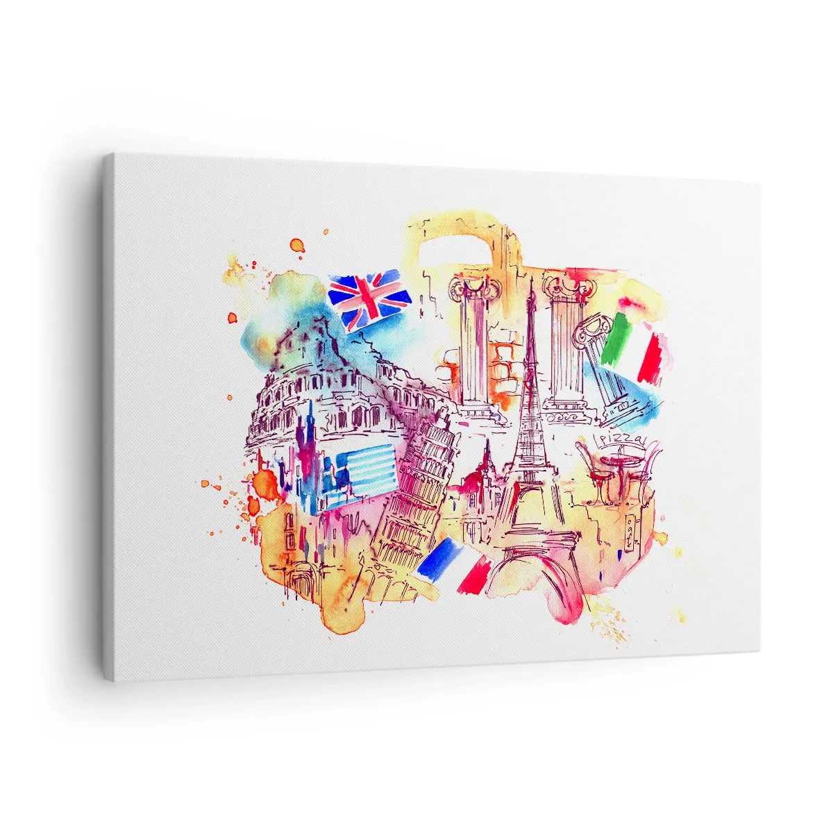 Bild auf Leinwand - Leinwandbild - Aquarell europäischer Symbole mit Länderflaggen - 70x50cm - Europa Tour - Moderne Wanddekoration für Wohnzimmer und Schlafzimmer ARTTOR