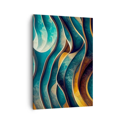 Bild auf Leinwand - Leinwandbild - Abstrakte Wellen in Türkis- und Goldtönen - 50x70cm - Blaue Mäander - Moderne Wanddekoration für Wohnzimmer und Schlafzimmer ARTTOR