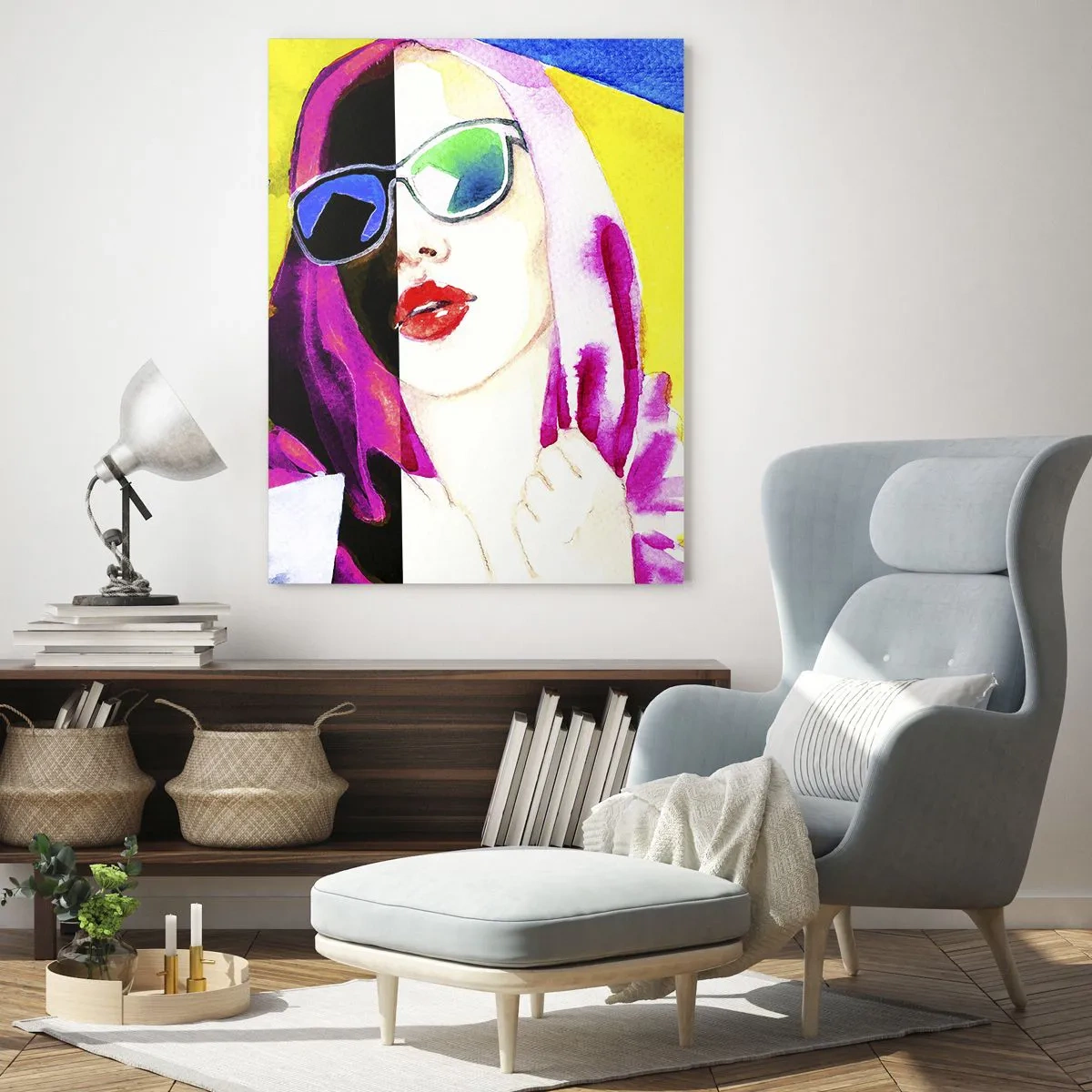 Glasbild - Bild auf glas - Buntes Porträt einer Frau mit Sonnenbrille - 80x120cm - Ich bin nicht weiß und ich bin nicht schwarz - Moderne Wanddekoration für Wohnzimmer und Schlafzimmer ARTTOR