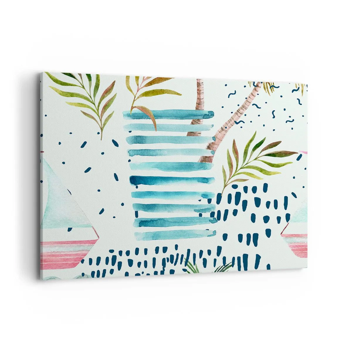 Bild auf Leinwand - Leinwandbild - Abstraktes Muster mit Palmen und nautischen Akzenten - 100x70cm - Urlaub unter Palmen - Moderne Wanddekoration für Wohnzimmer und Schlafzimmer ARTTOR