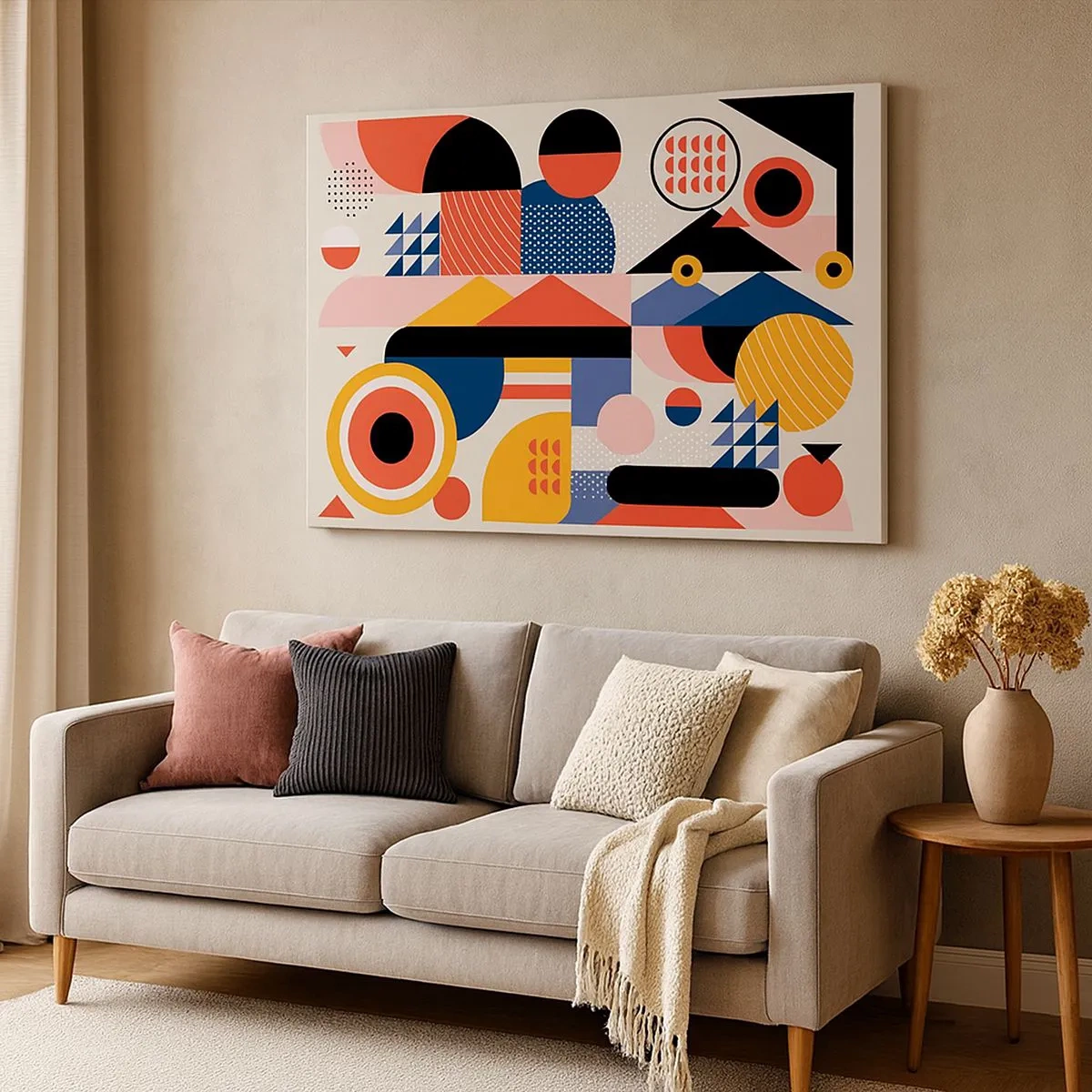 Bild auf Leinwand - Leinwandbild - Bunte geometrische Formen im Retro-Stil - 70x50cm - Komposition: Na, los, spiel! - Moderne Wanddekoration für Wohnzimmer und Schlafzimmer ARTTOR