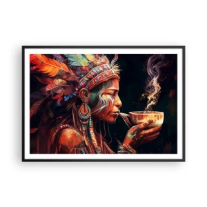 Poster in einem schwarzem Rahmen - Eine farbenfrohe Figur im Ethno-Stil mit einer Tasse dampfenden Getränks - 100x70cm - Magisches Ritual - Moderne Wanddekoration für Wohnzimmer und Schlafzimmer ARTTOR