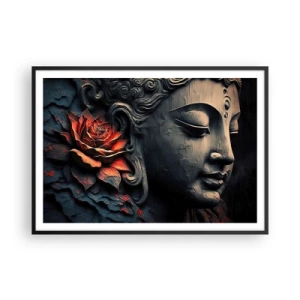Poster in einem schwarzem Rahmen - Buddha-Skulptur mit einer roten Lotusblüte - 100x70cm - Im Einklang mit der Welt - Moderne Wanddekoration für Wohnzimmer und Schlafzimmer ARTTOR