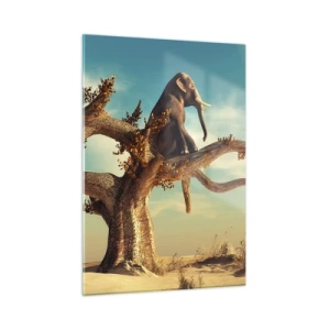 Glasbild - Bild auf glas - Ein Elefant sitzt auf einem Baum vor einem Wüstenhintergrund - 50x70cm - Ein neuer Standpunkt - Moderne Wanddekoration für Wohnzimmer und Schlafzimmer ARTTOR