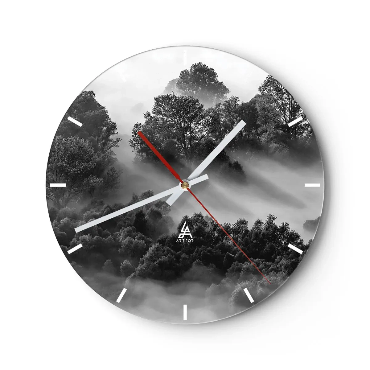 Wanduhr - Glasuhr - Schwarz-weiße Berglandschaft mit Nebel im Wald - 30x30cm - Aufstehend aus dem Schlaf - Moderne Wanddekoration für Wohnzimmer, Küche und Schlafzimmer ARTTOR