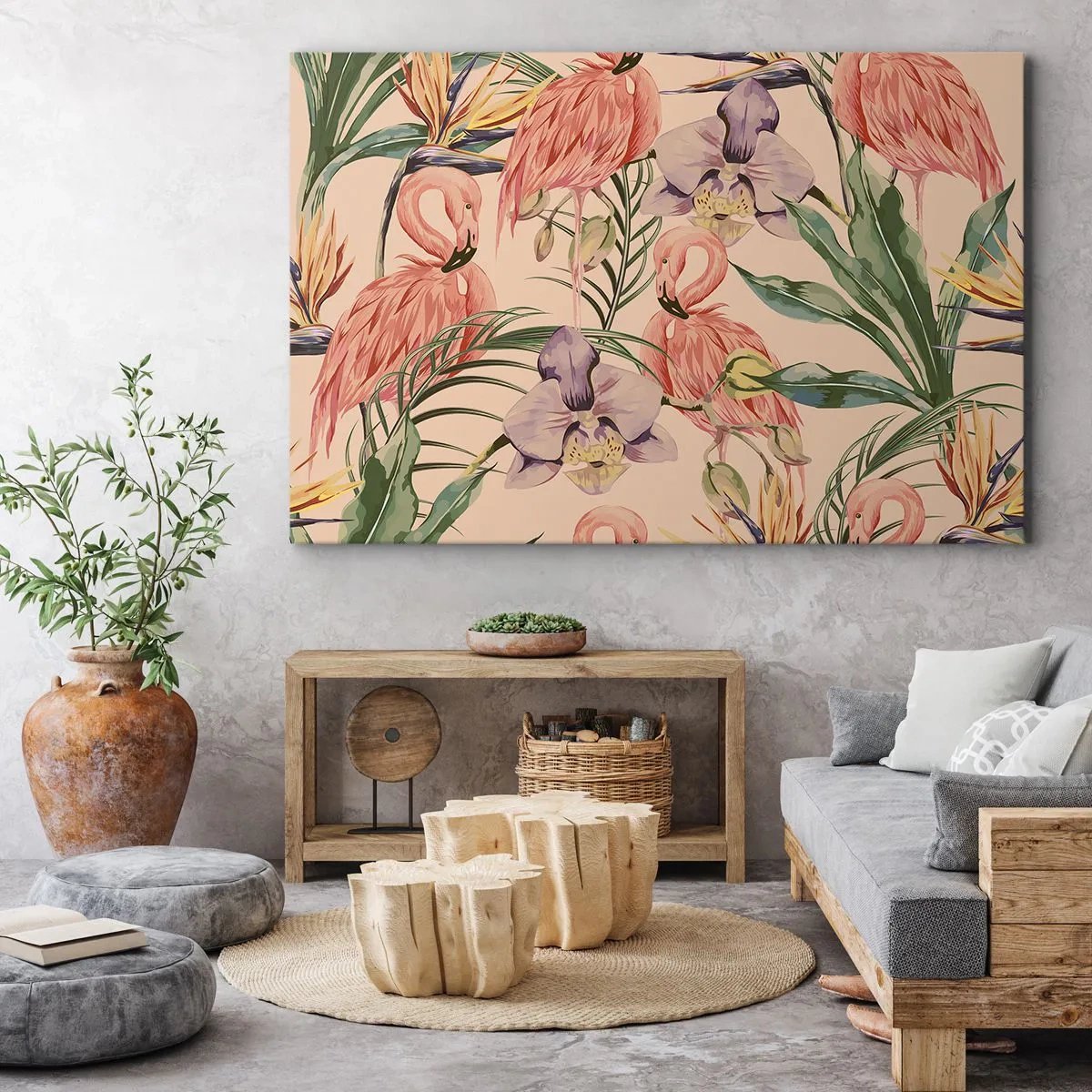 Bild auf Leinwand - Leinwandbild - Flamingos und tropische Blumen auf hellem Hintergrund - 100x70cm - Rosa Ballett in Blumen - Moderne Wanddekoration für Wohnzimmer und Schlafzimmer ARTTOR