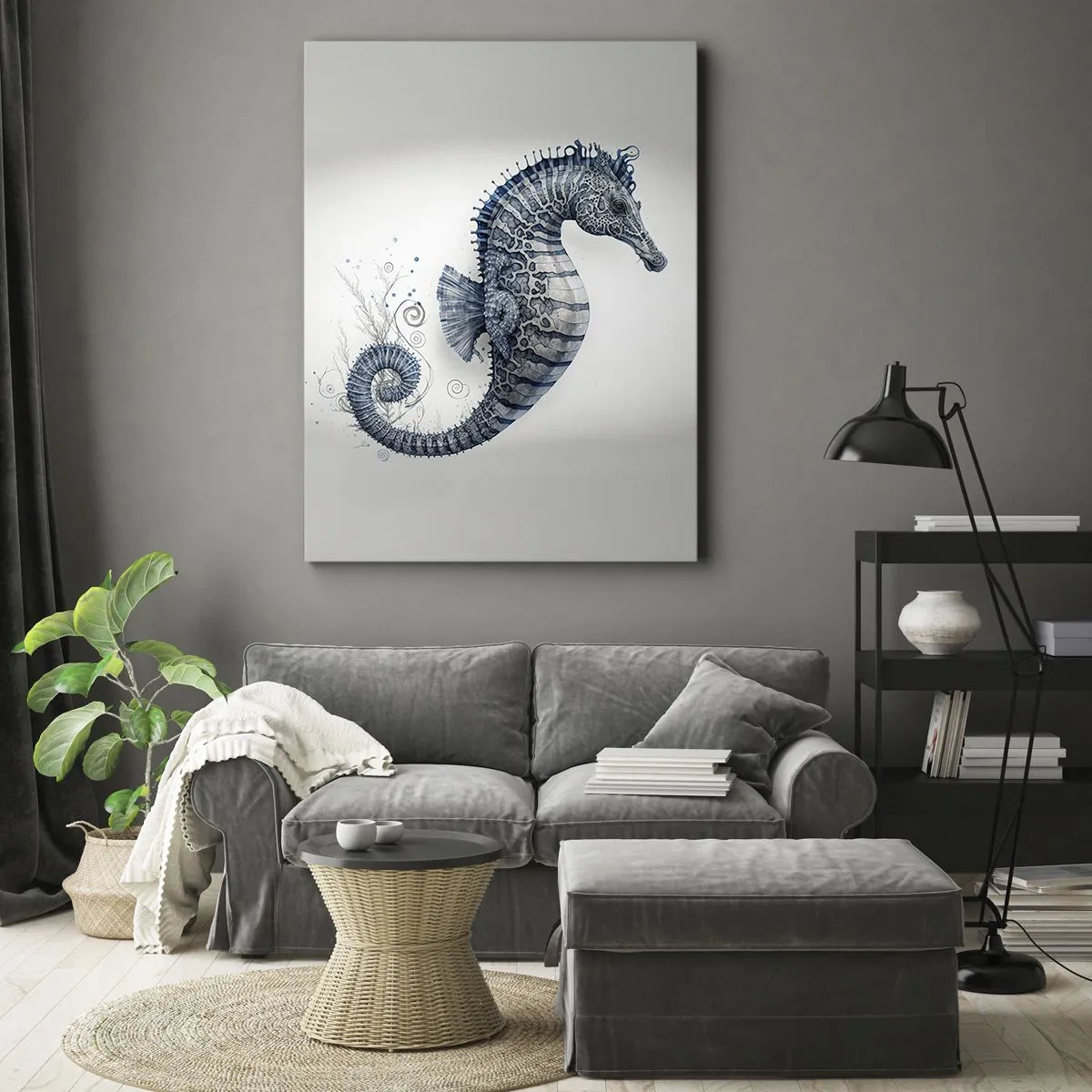 Bild auf Leinwand - Leinwandbild - Seepferdchen in Blautönen mit Aquarelldetails - 50x70cm - Subtiler Witz der Natur - Moderne Wanddekoration für Wohnzimmer und Schlafzimmer ARTTOR