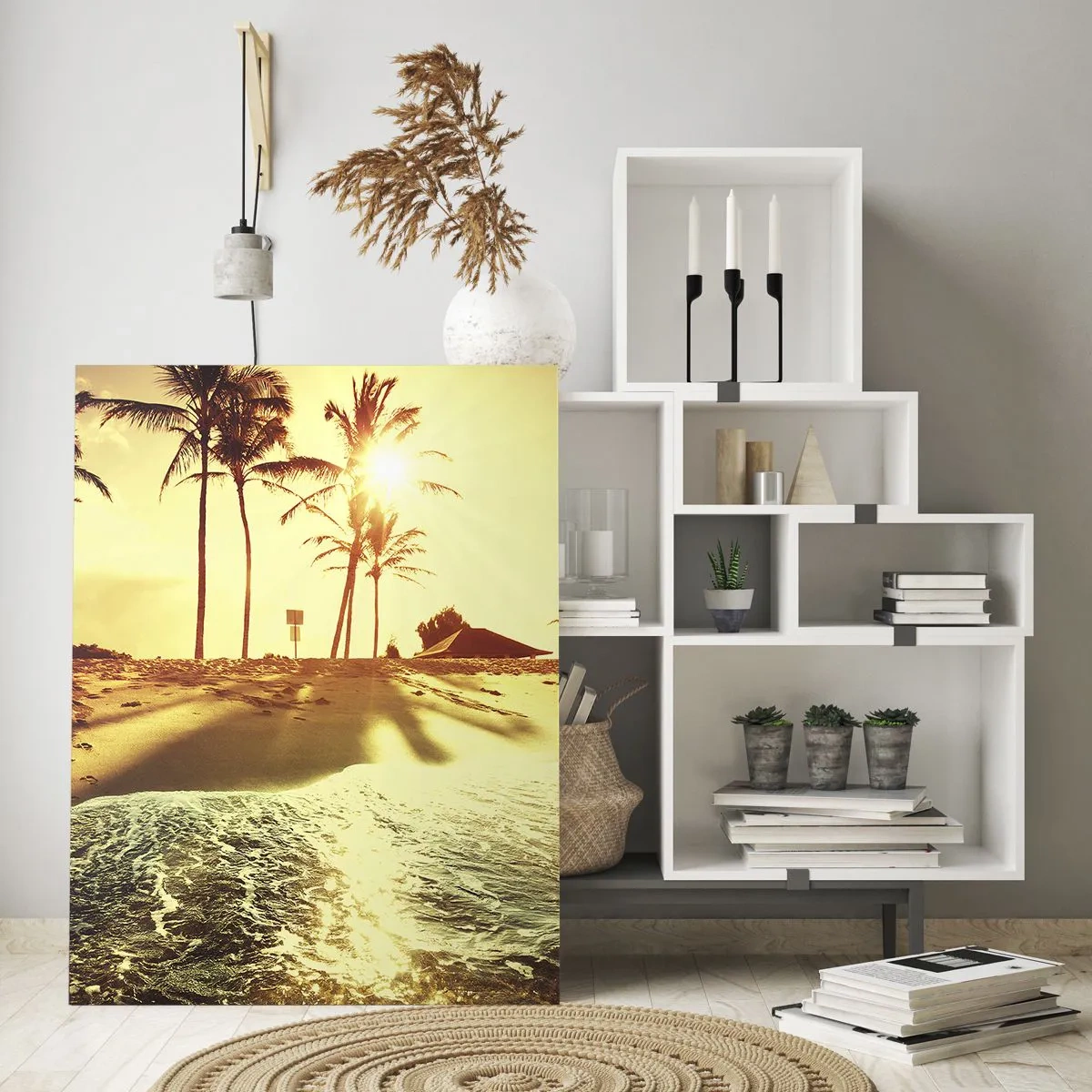 Glasbild - Bild auf glas - Ein Strand mit Palmen, beleuchtet von einem warmen Sonnenuntergang - 70x100cm - Kalifornien am Nachmittag - Moderne Wanddekoration für Wohnzimmer und Schlafzimmer ARTTOR