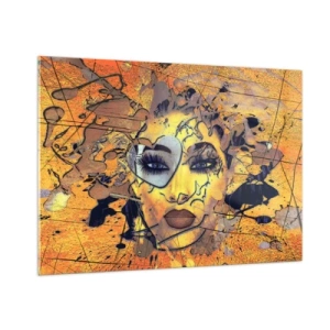 Glasbild - Bild auf glas - Abstraktes Frauengesicht in gold-orangen Tönen - 100x70cm - Sonnige Schönheit - Moderne Wanddekoration für Wohnzimmer und Schlafzimmer ARTTOR