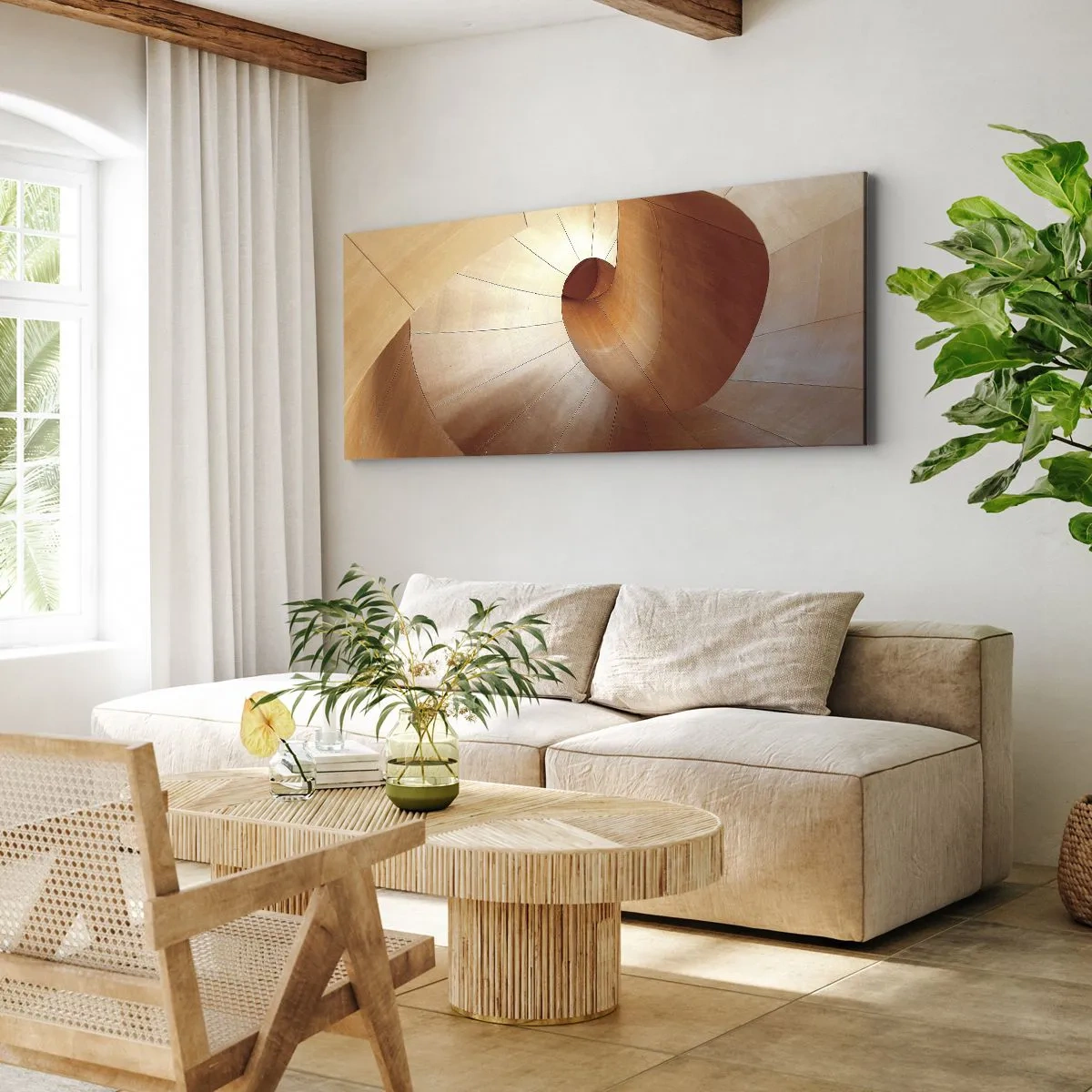 Bild auf Leinwand - Leinwandbild - Abstrakte Spirale in Holz- und Hellbrauntönen - 120x50cm - Architektonische Serpentine - Moderne Wanddekoration für Wohnzimmer und Schlafzimmer ARTTOR