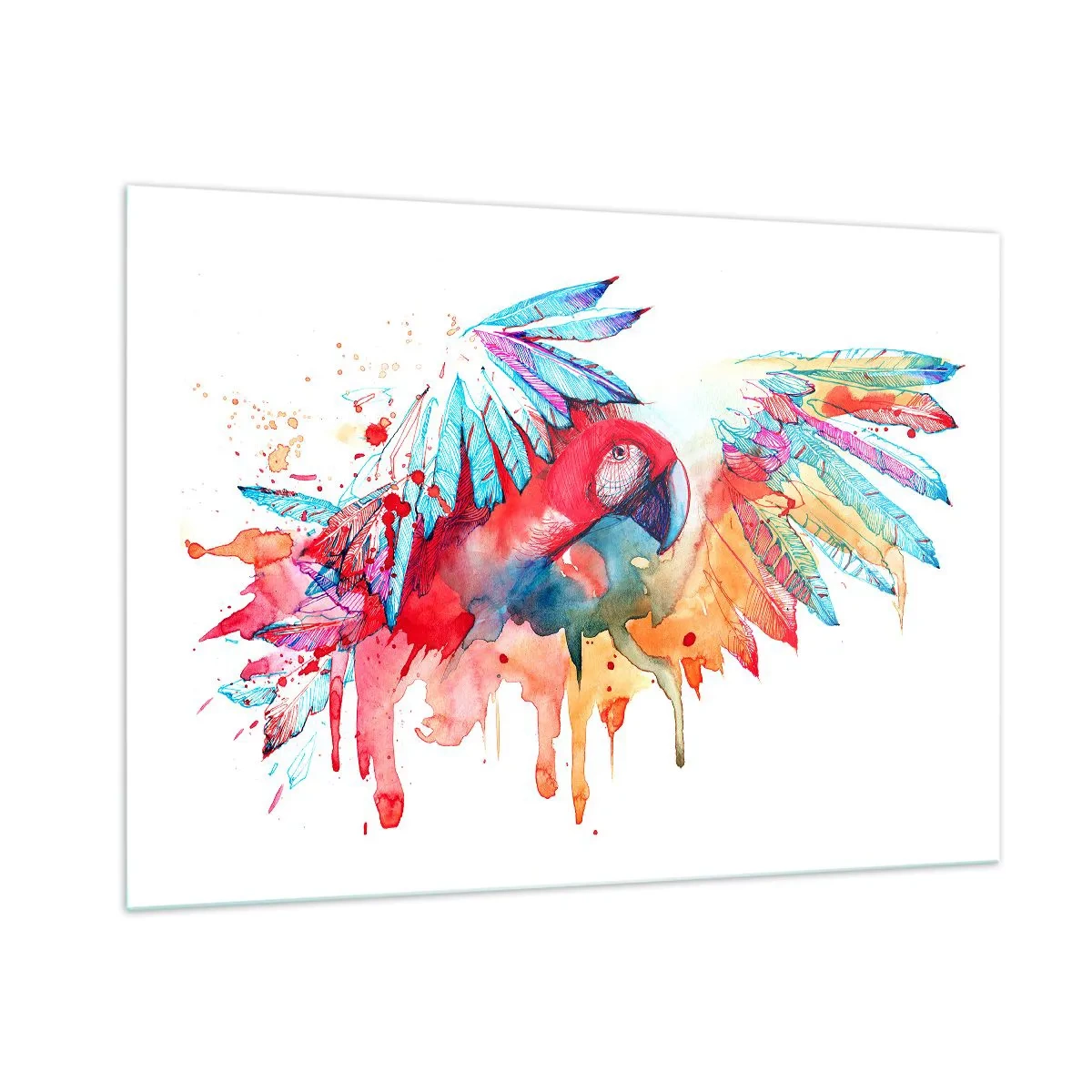 Glasbild - Bild auf glas - Bunter Aquarellpapagei mit ausgebreiteten Flügeln - 100x70cm - Bunte Papageien - Moderne Wanddekoration für Wohnzimmer und Schlafzimmer ARTTOR