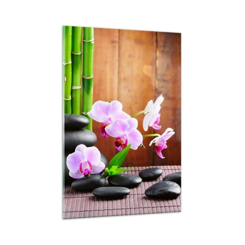 Glasbild - Bild auf glas - Bambus, Steine und rosa Orchideen im Zen-Stil auf Holzhintergrund - 80x120cm - Treffen Sie die Freuden des Ostens - Moderne Wanddekoration für Wohnzimmer und Schlafzimmer ARTTOR