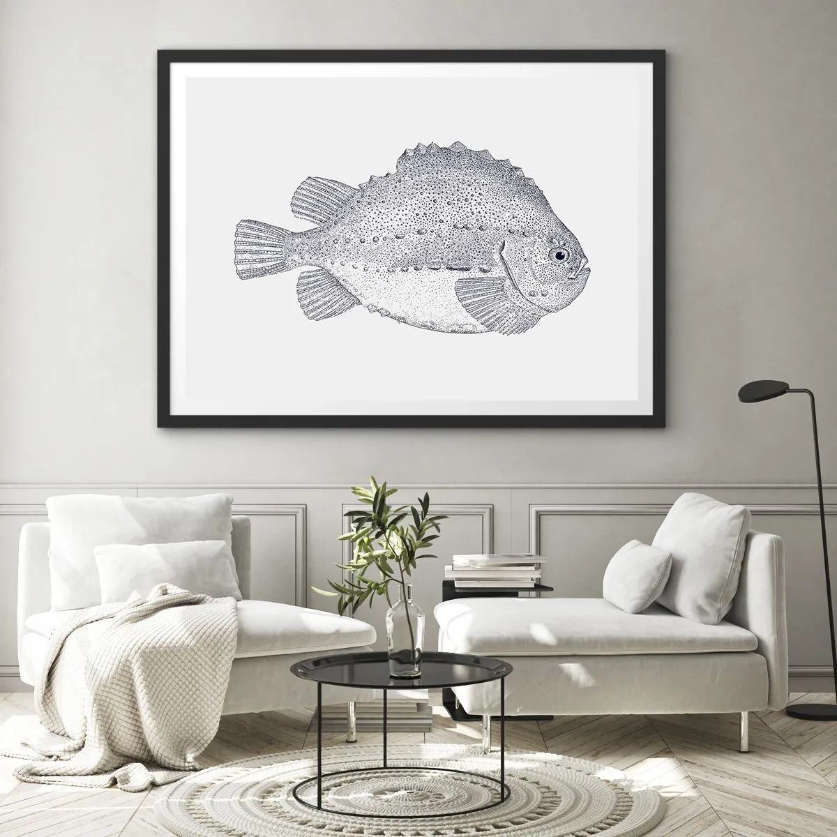 Poster in einem schwarzem Rahmen - Schwarz-weiße Zeichnung eines Fisches auf weißem Hintergrund im minimalistischen Stil - 70x50cm - Für das Album des Naturforschers - Moderne Wanddekoration für Wohnzimmer und Schlafzimmer ARTTOR