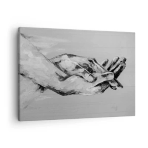 Bild auf Leinwand - Leinwandbild - Eine Schwarz-Weiß-Komposition aus zwei gefalteten Händen auf hellem Hintergrund. - 70x50cm - Anfang… - Moderne Wanddekoration für Wohnzimmer und Schlafzimmer ARTTOR