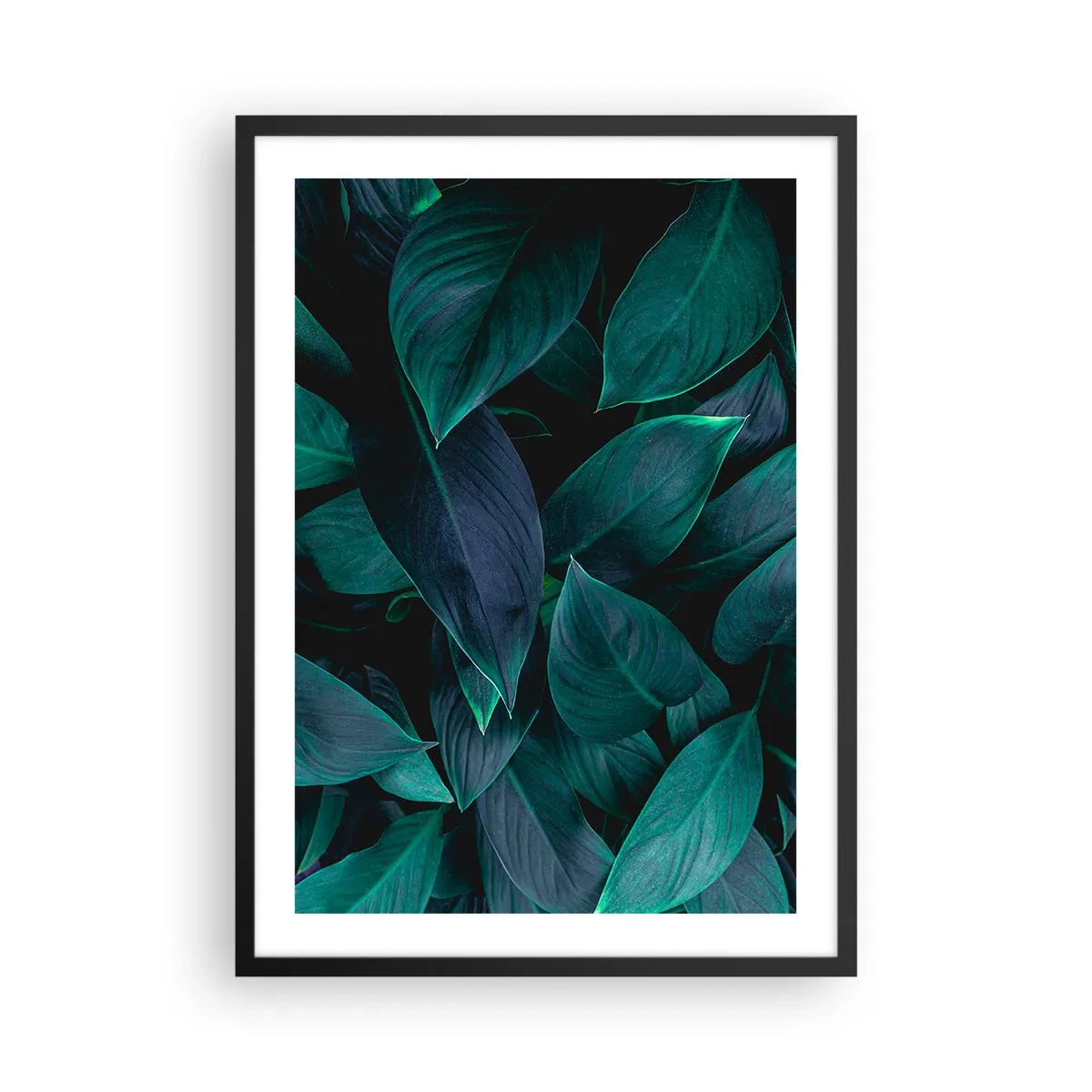 Poster in einem schwarzem Rahmen - Dunkelgrüne Blätter mit dezenter Hintergrundbeleuchtung - 50x70cm - Grün in sich selbst - Moderne Wanddekoration für Wohnzimmer und Schlafzimmer ARTTOR