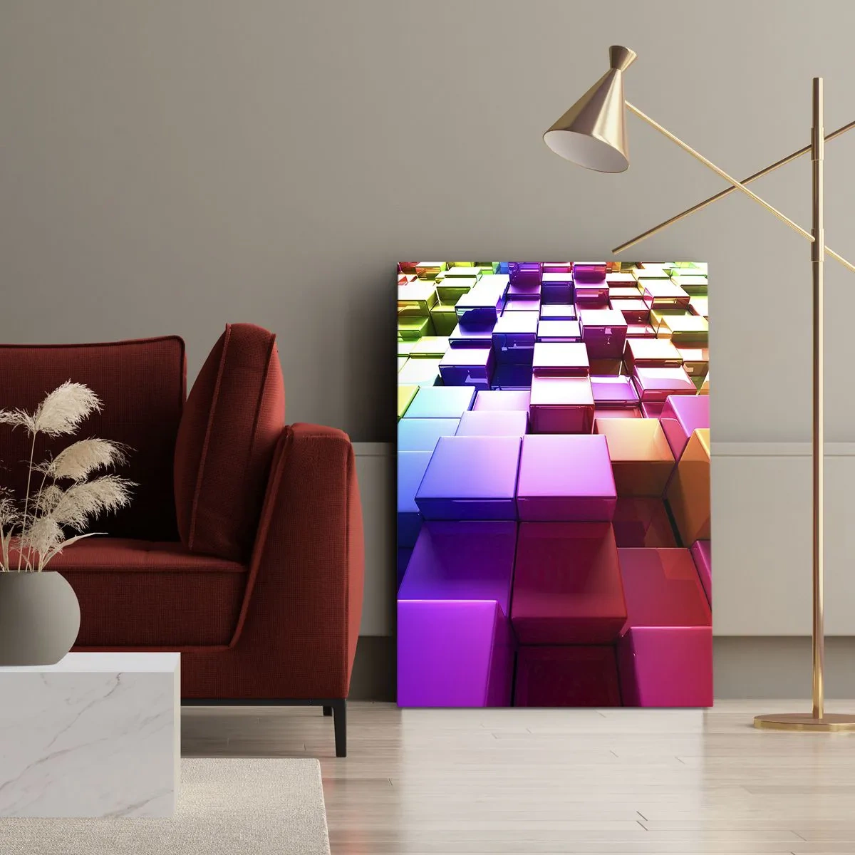 Bild auf Leinwand - Leinwandbild - Bunte geometrische 3D-Würfel - 80x120cm - Op-Art gemeinsam im Team - Moderne Wanddekoration für Wohnzimmer und Schlafzimmer ARTTOR