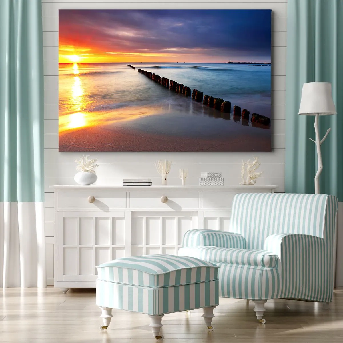 Bild auf Leinwand - Leinwandbild - Sonnenuntergang über dem Meer mit einem Wellenbrecher im Vordergrund - 120x80cm - Lausche der Stille - Moderne Wanddekoration für Wohnzimmer und Schlafzimmer ARTTOR