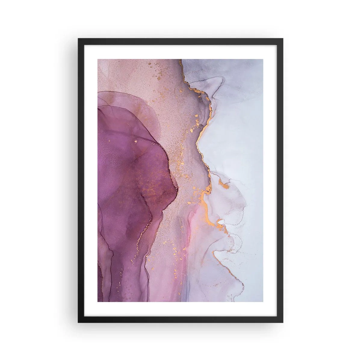 Poster in einem schwarzem Rahmen - Abstrakte Wellen in Flieder- und Violetttönen mit goldenen Akzenten - 50x70cm - Violett und lila Wellen - Moderne Wanddekoration für Wohnzimmer und Schlafzimmer ARTTOR