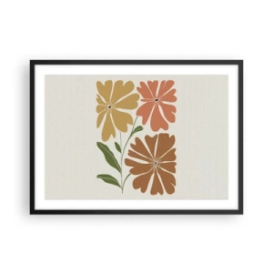 Poster in einem schwarzem Rahmen - Drei Blumen in warmen Farben auf hellem Hintergrund - 70x50cm - Natur und Geometrie - Moderne Wanddekoration für Wohnzimmer und Schlafzimmer ARTTOR