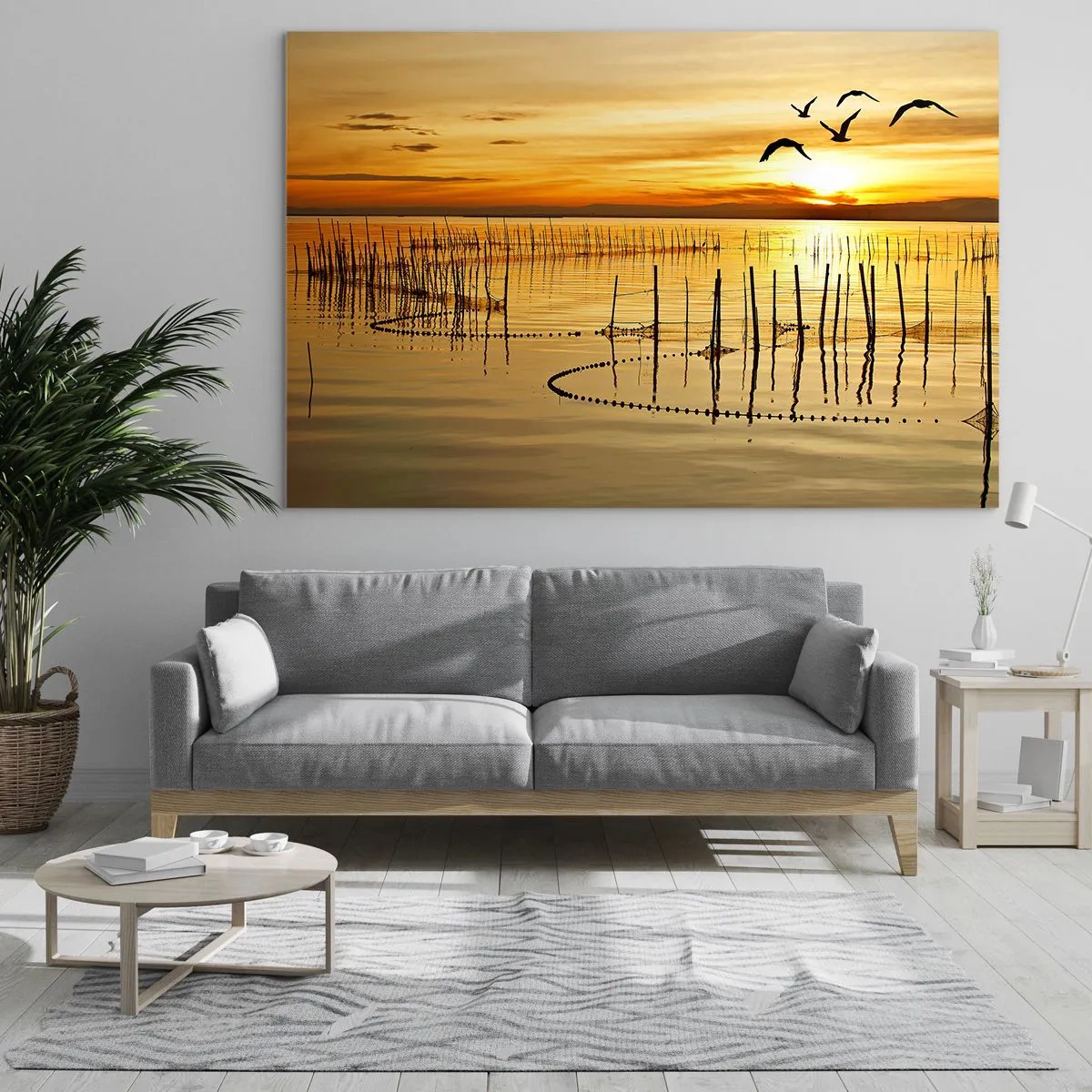 Glasbild - Bild auf glas - Sonnenuntergang über einem See mit Vögeln und Fischernetzen - 70x50cm - In der Fischerei - Moderne Wanddekoration für Wohnzimmer und Schlafzimmer ARTTOR