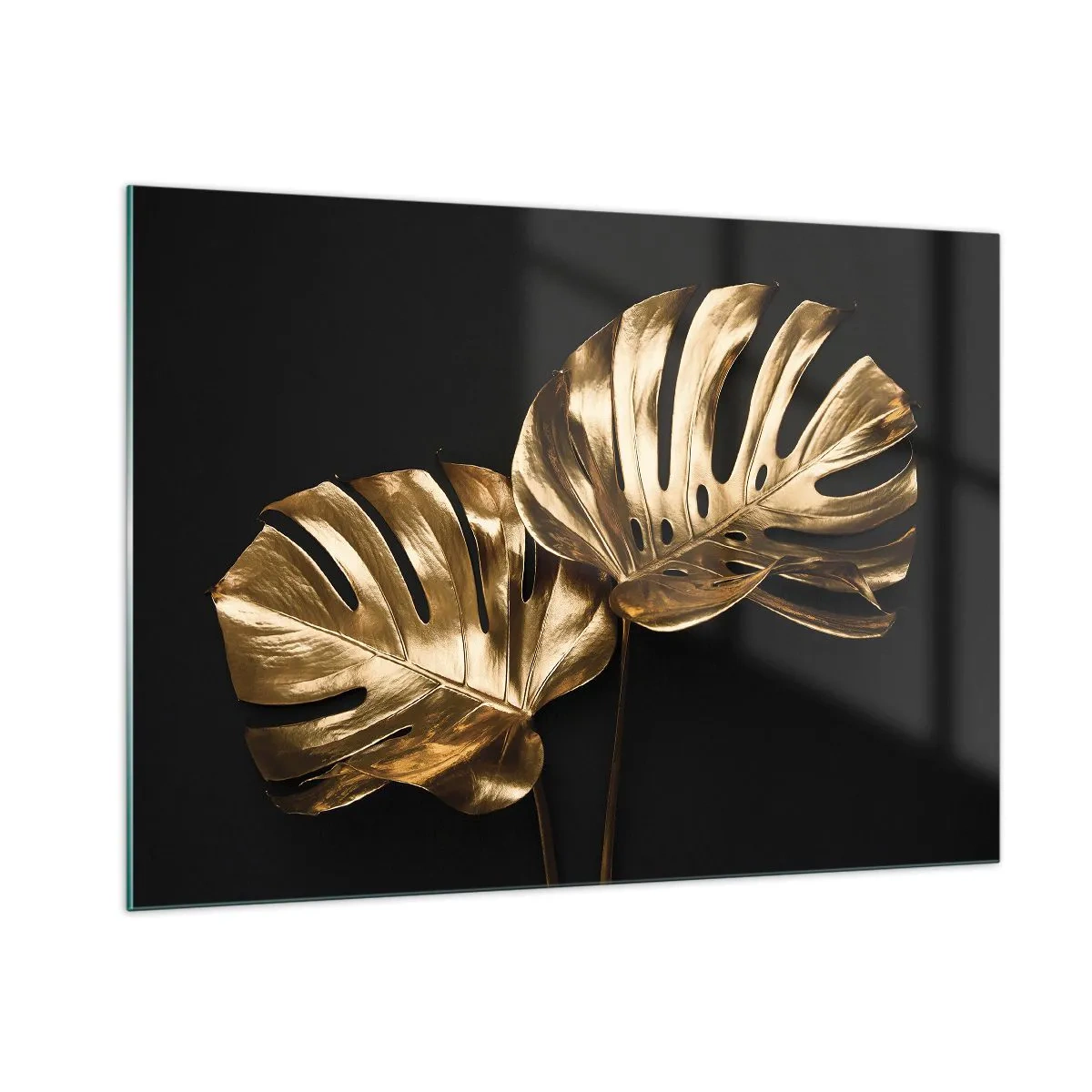 Glasbild - Bild auf glas - Goldene Monstera-Blätter auf schwarzem Hintergrund - 100x70cm - Die Schätze der Natur - Moderne Wanddekoration für Wohnzimmer und Schlafzimmer ARTTOR