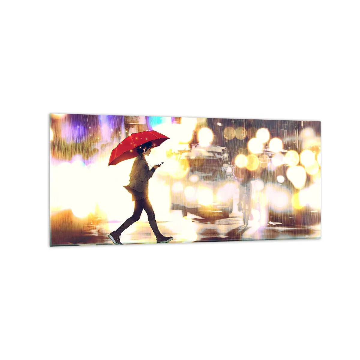 Glasbild - Bild auf glas - Eine Figur mit einem roten Regenschirm auf der Straße im Regen - 120x50cm - Und doch sonnig - Moderne Wanddekoration für Wohnzimmer und Schlafzimmer ARTTOR