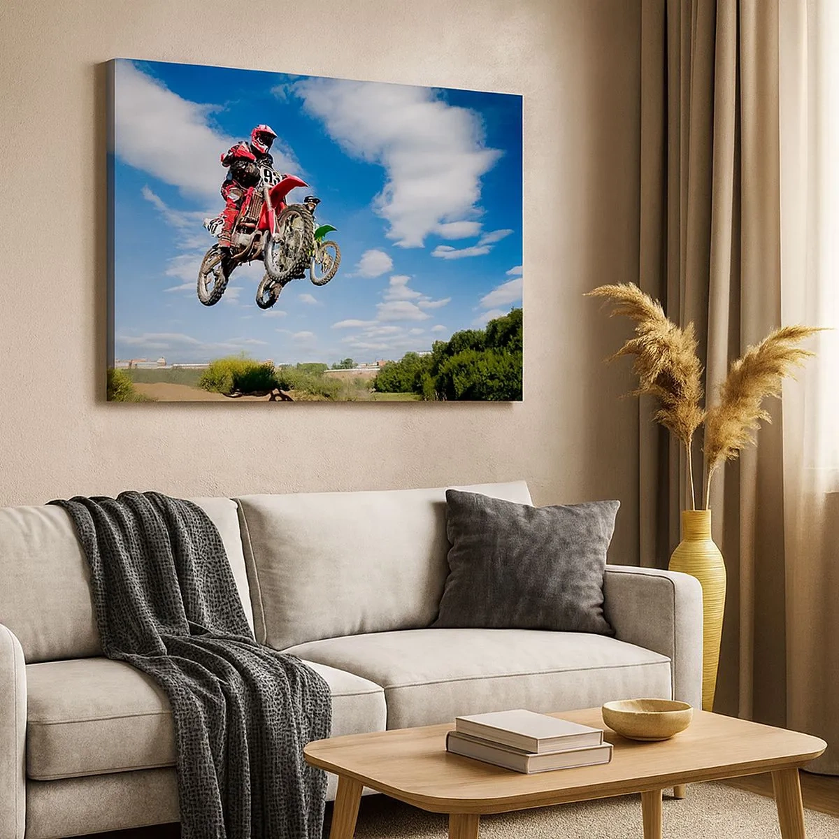 Bild auf Leinwand - Leinwandbild - Fahrer auf Motocross-Motorrädern in der Luft während eines Sprunges - 70x50cm - Himmelssprung - Moderne Wanddekoration für Wohnzimmer und Schlafzimmer ARTTOR