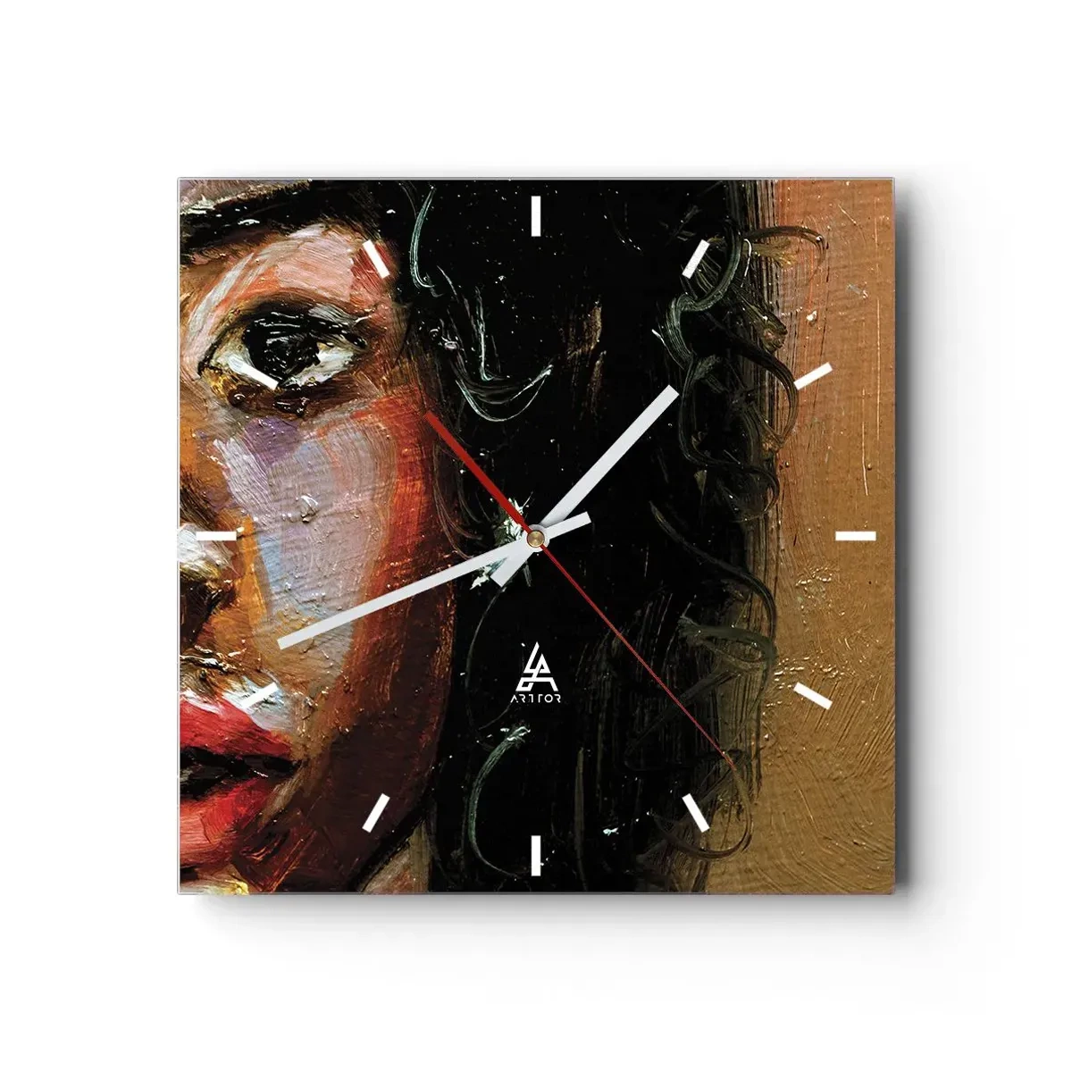 Wanduhr - Glasuhr - Ein ausdrucksstarkes Frauenporträt in intensiven Farben. - 30x30cm - Schwarz und Glanz - Moderne Wanddekoration für Wohnzimmer und Schlafzimmer ARTTOR