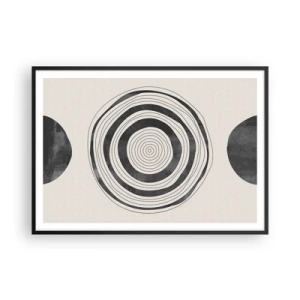 Poster in einem schwarzem Rahmen - Minimalistische schwarz-weiße Kreise auf hellem Hintergrund - 100x70cm - Wichtig ist, was dazwischen liegt - Moderne Wanddekoration für Wohnzimmer und Schlafzimmer ARTTOR
